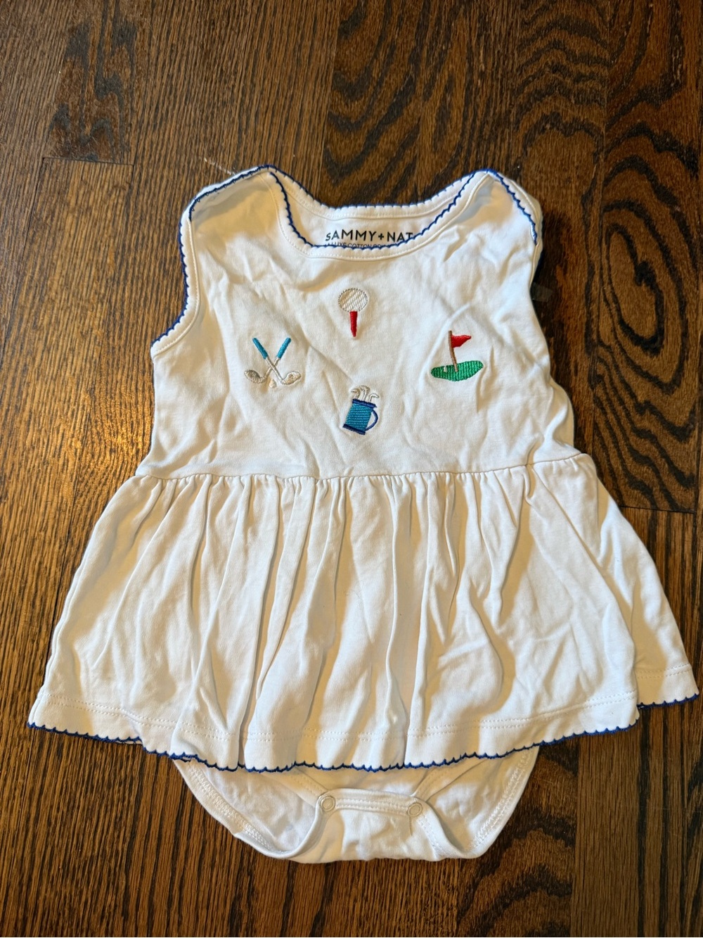Sammy + Nat White Baby Dress with Navy Scallop Trim